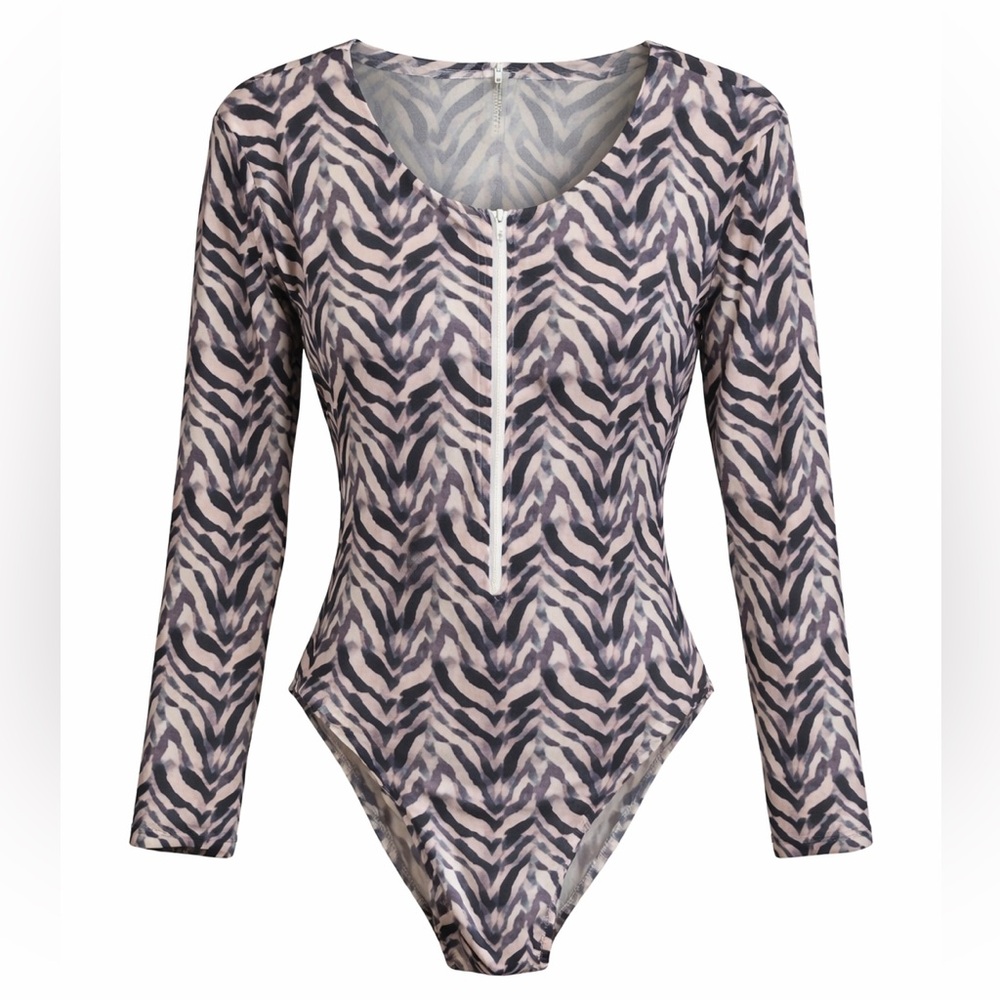 NWT NORMA KAMALI Zebra print long-sleeve rash guard swimsuit/bodysuit Sz XL